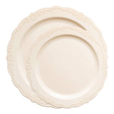 This disposable dinnerware set in soft ivory showcases a vintage round design, perfect for adding a touch of sophistication to your events