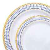This sophisticated dinnerware set showcases white plates adorned with blue and gold rim designs, perfect for any occasion