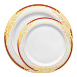 This sophisticated dinnerware set showcases white plates adorned with burgundy and gold rim designs, perfect for any occasion