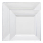 This sophisticated disposable dinnerware set features a sleek white design with a silver square edge rim, perfect for any occasion