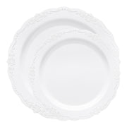 This vintage-inspired dinnerware set features white plastic plates with a timeless round design, perfect for special events