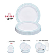 Turquoise blue and silver mosaic rim dinner plate with a white center, 10.25-inch round plastic design