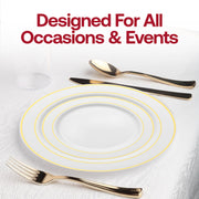 Upscale event décor highlighted by the White with Gold Edge Rim Plastic Wedding Set paired with refined gold-accented cutlery