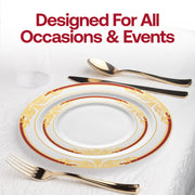 Upscale event scene featuring the White with Burgundy and Gold Harmony Rim Plastic Wedding Set and gold accents