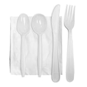 White Plastic Cutlery Sets with Napkin - Fork, Soup Spoon, Knife, Teaspoon, Napkin | Smarty Had A Party