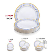 White with Blue and Gold Chord Rim Plastic Dinner Plates (10.25") SKU | Smarty Had A Party