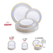 White with Blue and Gold Chord Rim Plastic Dinnerware Value Set SKU | Smarty Had A Party