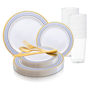 White with Blue and Gold Chord Rim Plastic Wedding Value Set | Smarty Had A Party