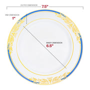 White with Blue and Gold Harmony Rim Plastic Appetizer/Salad Plates (7.5") Dimension | Smarty Had A Party