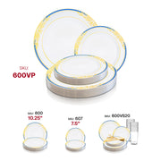 White with Blue and Gold Harmony Rim Plastic Dinnerware Value Set SKU | Smarty Had A Party