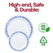 White with Blue and Silver Royal Rim Plastic Dinner Plates (10.25") BPA | Smarty Had A Party
