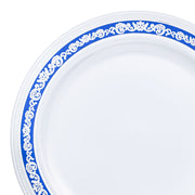 White with Blue and Silver Royal Rim Plastic Dinner Plates (10.25") | Smarty Had A Party