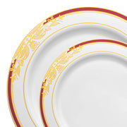 White with Burgundy and Gold Harmony Rim Plastic Dinnerware Value Set | Smarty Had A Party