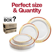 White with Burgundy and Gold Harmony Rim Plastic Dinnerware Value Set Quantity | Smarty Had A Party