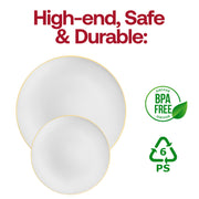 White with Gold Rim Organic Round Disposable Plastic Dinner Plates (10.25") BPA | Smarty Had A Party
