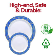 White with Gold Spiral on Blue Rim Plastic Dinnerware Value Set BPA | Smarty Had A Party