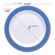 White with Gold Spiral on Blue Rim Plastic Dinnerware Value Set Dimension | Smarty Had A Party