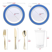 White with Gold Spiral on Blue Rim Plastic Wedding Value Set Dimension | Smarty Had A Party