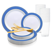 White with Gold Spiral on Blue Rim Plastic Wedding Value Set | Smarty Had A Party