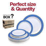 White with Gold Spiral on Blue Rim Plastic Dinnerware Value Set Quantity | Smarty Had A Party