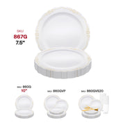 White with Gold Vintage Rim Round Disposable Plastic Appetizer/Salad Plates (7.5") SKU | Smarty Had A Party