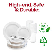 White with Silver Edge Rim Plastic Wedding Value Set BPA | Smarty Had A Party