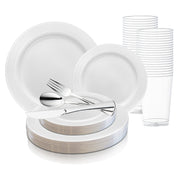 White with Silver Edge Rim Plastic Wedding Value Set | Smarty Had A Party