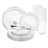White with Silver Vintage Rim Round Disposable Plastic Wedding Value Set | Smarty Had A Party