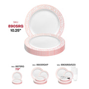 White with Silver and Rose Gold Mosaic Rim Round Plastic Dinner Plates (10.25") SKU | Smarty Had A Party