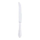 White Baroque disposable plastic dinner knives with an ornate handle design, 9 inches long, perfect for upscale dining