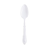White Baroque plastic dinner spoons, combining convenience with a decorative design for special occasions