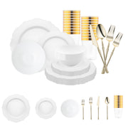 White Blossom Rim Disposable Plastic Tableware Set with gold cutlery brings refined elegance to weddings and upscale events