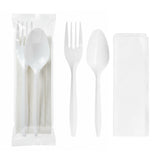 White MW cutlery kit with fork, teaspoon, and napkin, individually wrapped disposable utensil set for grab-and-go and boxed lunch service.
