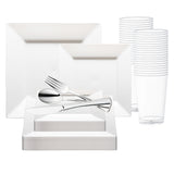 White Square Plastic Wedding Value Set with silver cutlery adds modern, sophisticated style to weddings and celebrations