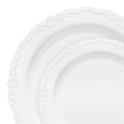White Vintage Round Disposable Plastic Dinnerware Set, offering an elegant touch to your table for any occasion