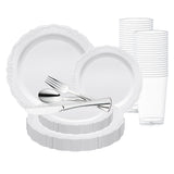 White Vintage Round Disposable Plastic Wedding Value Set with silver cutlery, offering timeless elegance and classic style for formal occasions and weddings