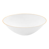 White disposable plastic soup bowls with gold rim, round design, 16 oz capacity