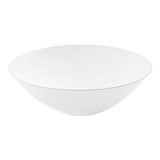 White disposable plastic soup bowls with silver rim