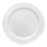 White plastic appetizer plates with a silver edge rim, 7.5-inch diameter