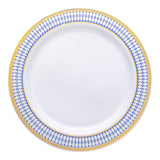 White plastic dinner plate with a blue and gold chord design on the rim