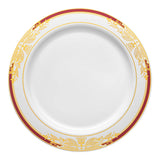 White plastic dinner plate with a burgundy and gold harmony design on the rim