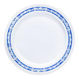 White plastic dinner plates with a sophisticated blue and silver royal rim, 10.25 inches