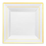 White plastic dinner plates with gold square edge rim, 9.5-inch diameter
