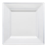 White plastic dinner plates with silver square edge rim, 9.5-inch diameter