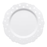 White plastic salad plates with silver dotted blossom accents, 7.5-inch round design