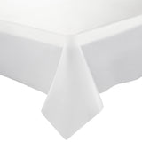 White rectangular disposable plastic tablecloth measuring 54 x 108 inches, ideal for parties, events, and gatherings, sold in a 96-pack.