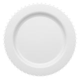 White round disposable plastic dinner plates with a pearl string rim