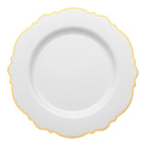 White round disposable plastic dinner plates with an elegant gold rim and blossom design