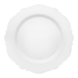 White round disposable plastic dinner plates with an elegant silver rim and blossom design