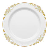 White round disposable plastic dinner plates with elegant gold detailing